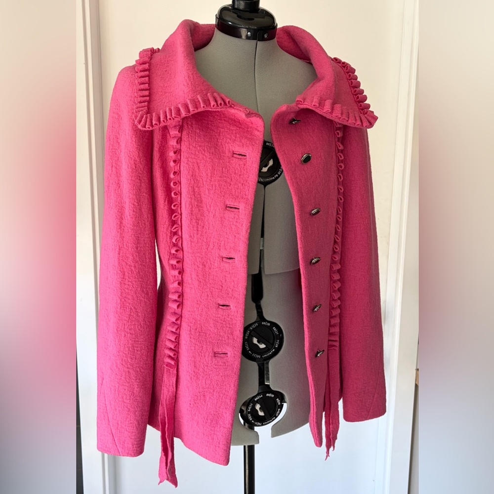 Peggy Jennings VTG felted wool jacket, ribbon-style trim, silk lined, pink, XS - Picture 4 of 17
